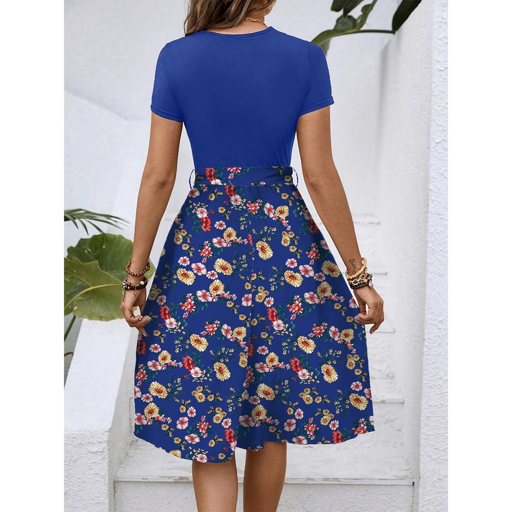 Women's Fashionable Retro Patterned Printing Color Blocked Belt Casual Dress