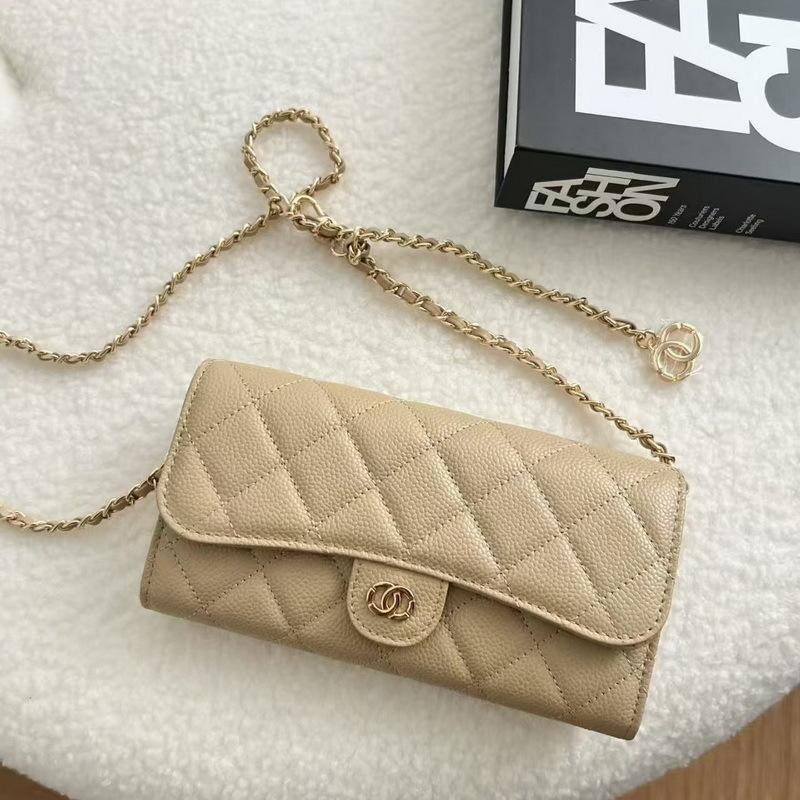 2026 New Caviar Patterned Cowhide Long Three Fold Wallet Hand-held Bag Chain Strap Crossbody Genuine Leather Women's
