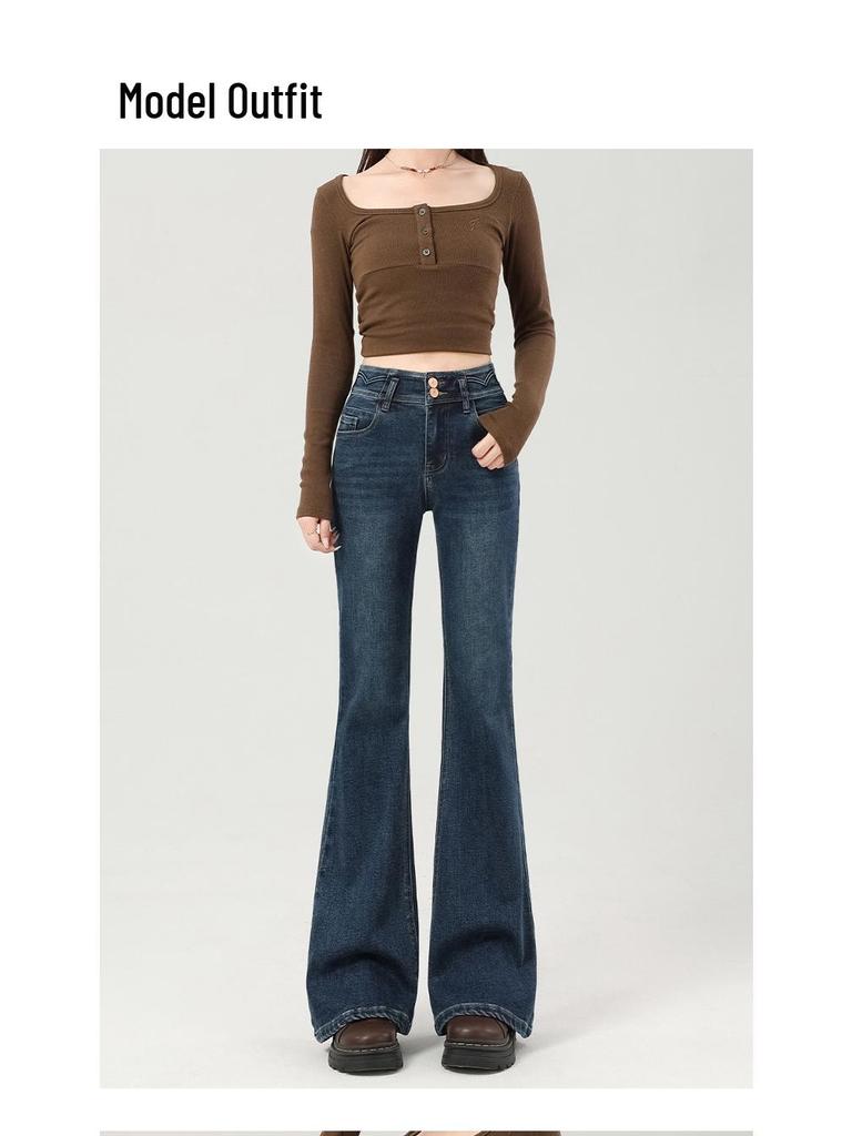Fleece-Lined Micro-Flare Women's Bell Bottom Jeans, Slimming Petite Fit, Thickened Fabric