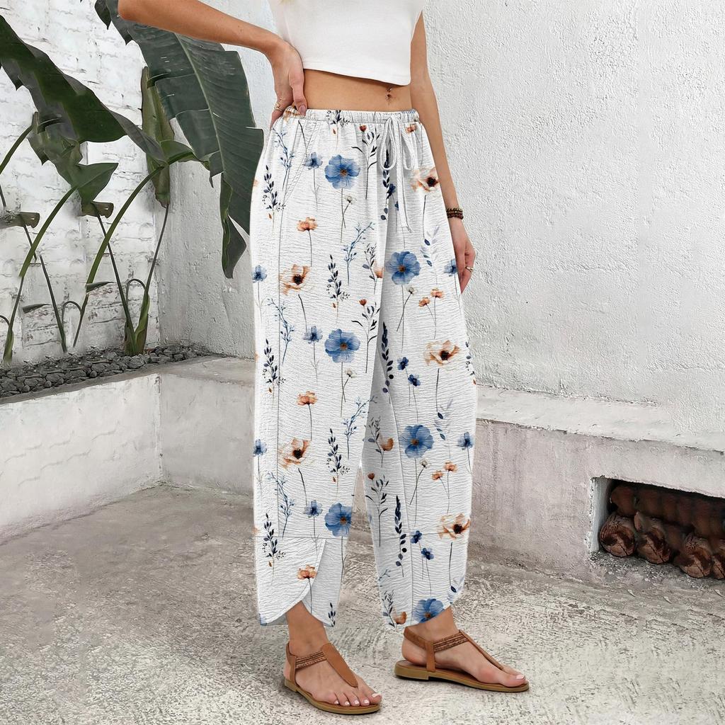 Women's Casual Straight Wide Leg Button Print Pattern Pants for Everyday Wear