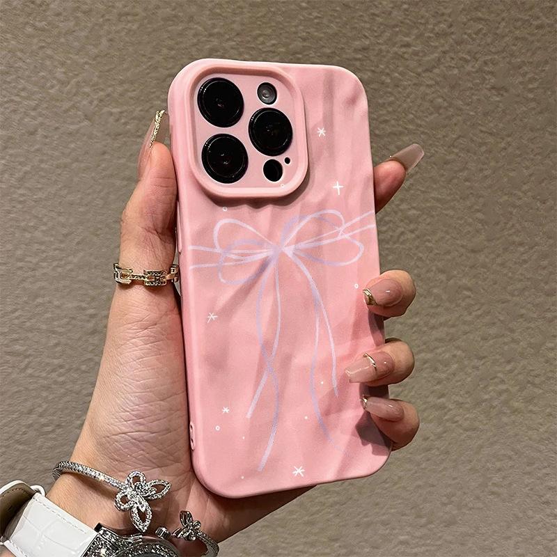 Ins Fan with Bow, Suitable for Apple iPhone16/17Pro Mobile Phone Case 15 Matte 14/13 Fold Pattern