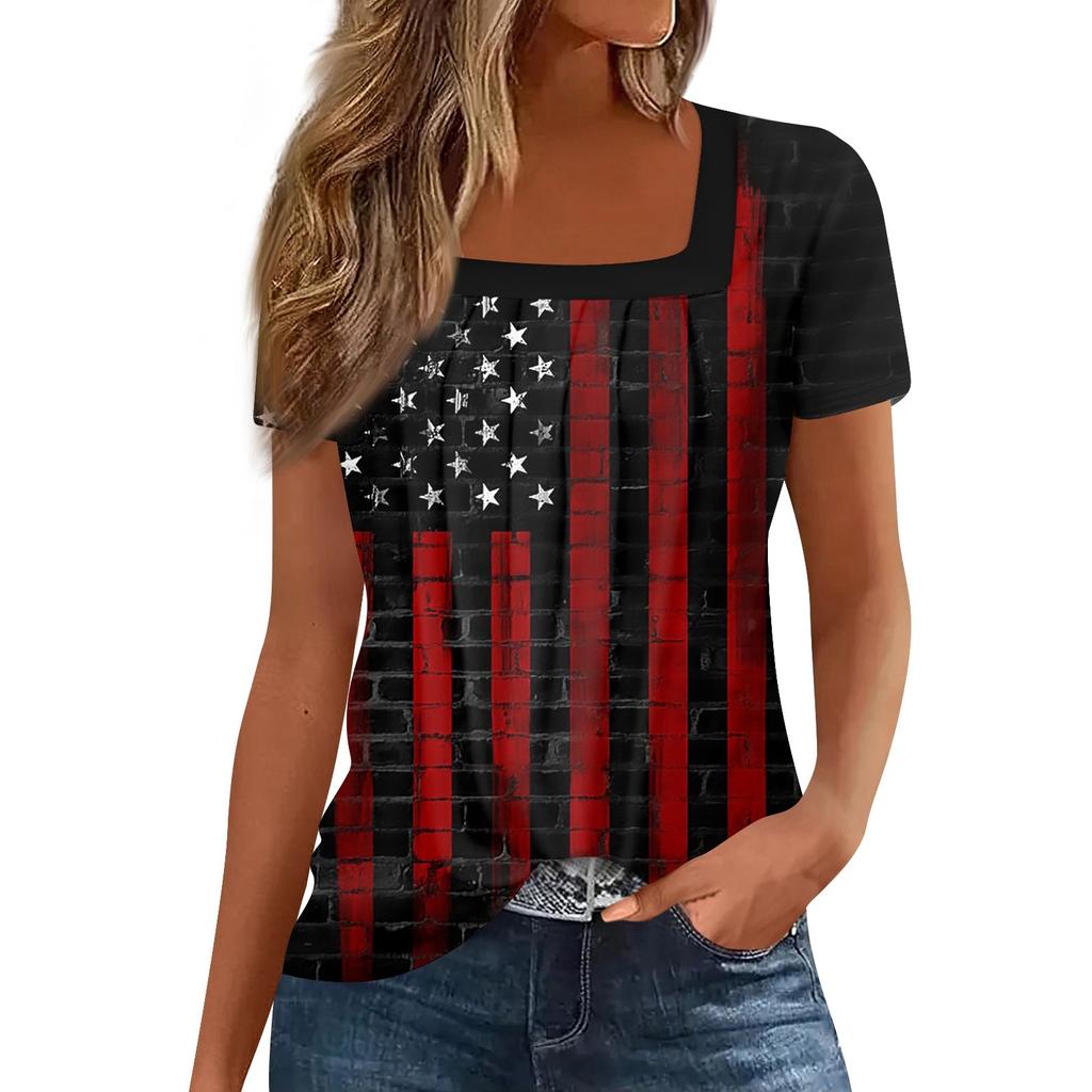 Womens Tops Casual Summer Independence Day Print T Shirts Short Sleeve Square Neck Basic Tee