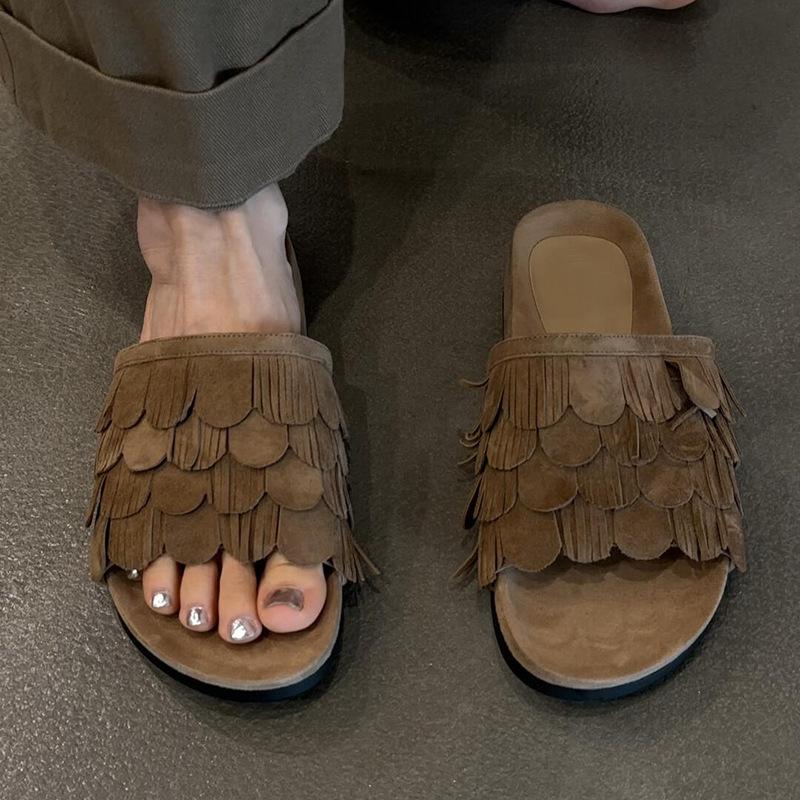 

Сохраните свою версию! Модные ретро тапочки с кисточками для женщин, которые можно носить летом, новые ретро универсальные тапочки для отпуска с одним словом 35 коричневый