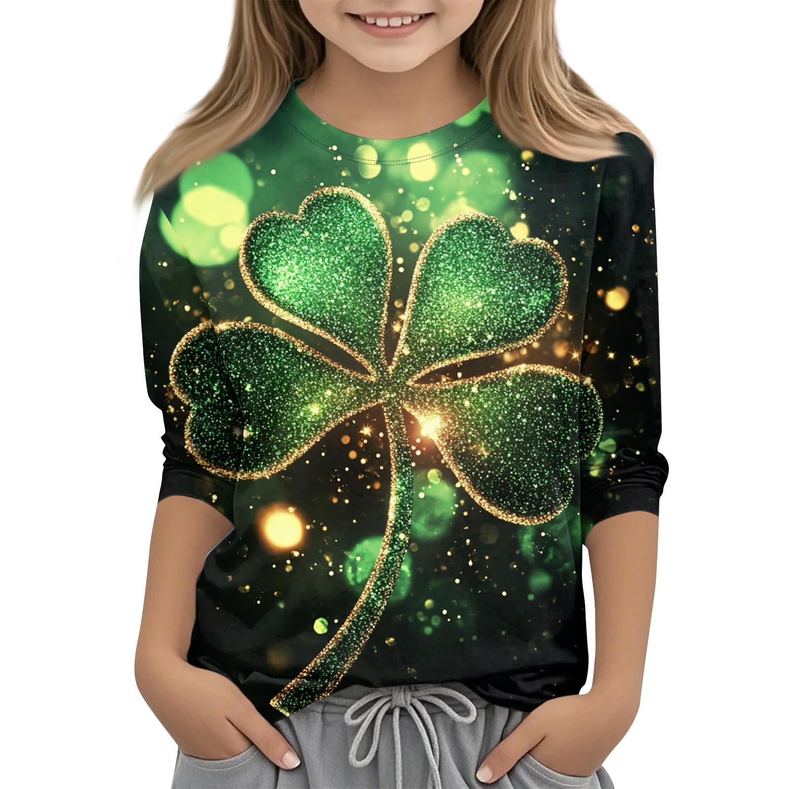 

улица. Топы с принтом ко Дню Святого Патрика для девочек-подростков 4-11 лет, футболки с круглым вырезом и рукавами 3/4, модные топы, футболки для наряда 140