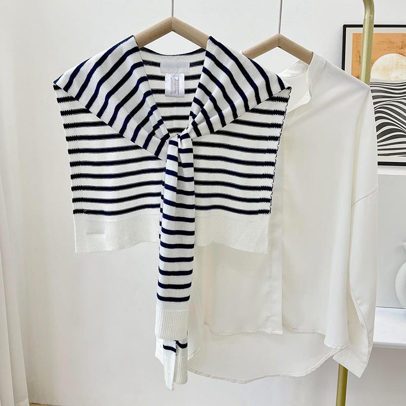 Striped Knit Shawl Navy Style Air Conditioning Room Outdoor Scarf Fake Collar Spring Autumn Office Shoulder Vest