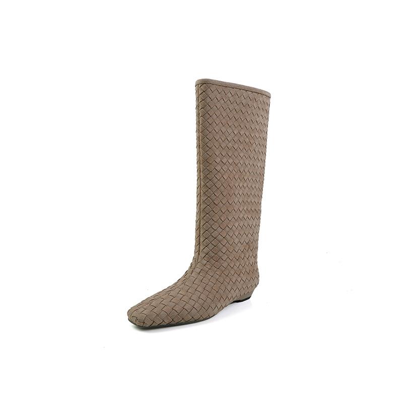 2CM Korean Version Fashion Woven Tall Boots 2025 Autumn and Winter New Square Head Flat Bottom Sleeve Loose Knight Boots