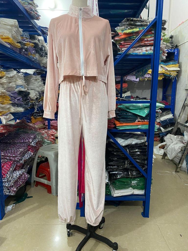 Europejski i Amerykański Jesienny Zestaw Dwuczęściowy z Aksamitu Zapinany na Zamek: Bluzka z długim rękawem, elastyczną talią i spodnie z mankietami z kieszeniami dla kobiet