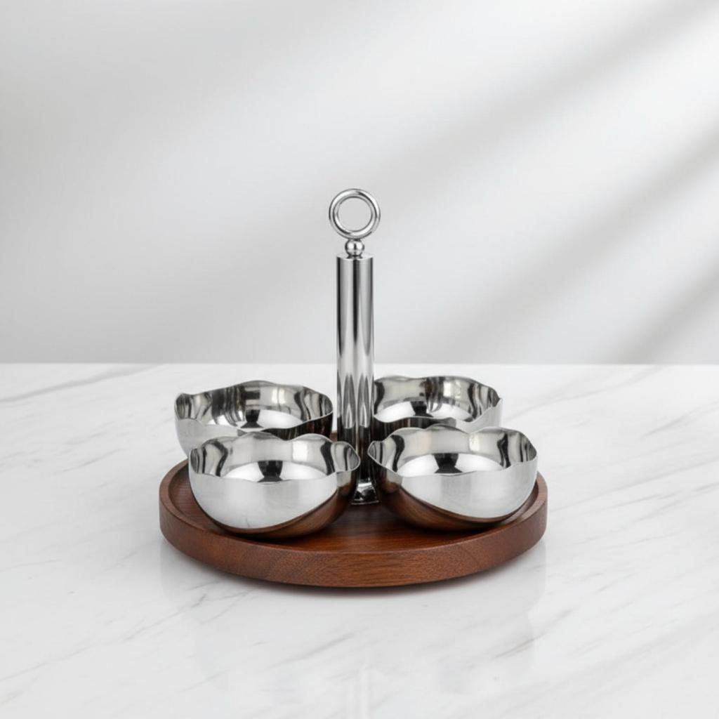 4 Pieces Stainless Steel Snack Bowl with Wooden Tray Reflective Polished Serving