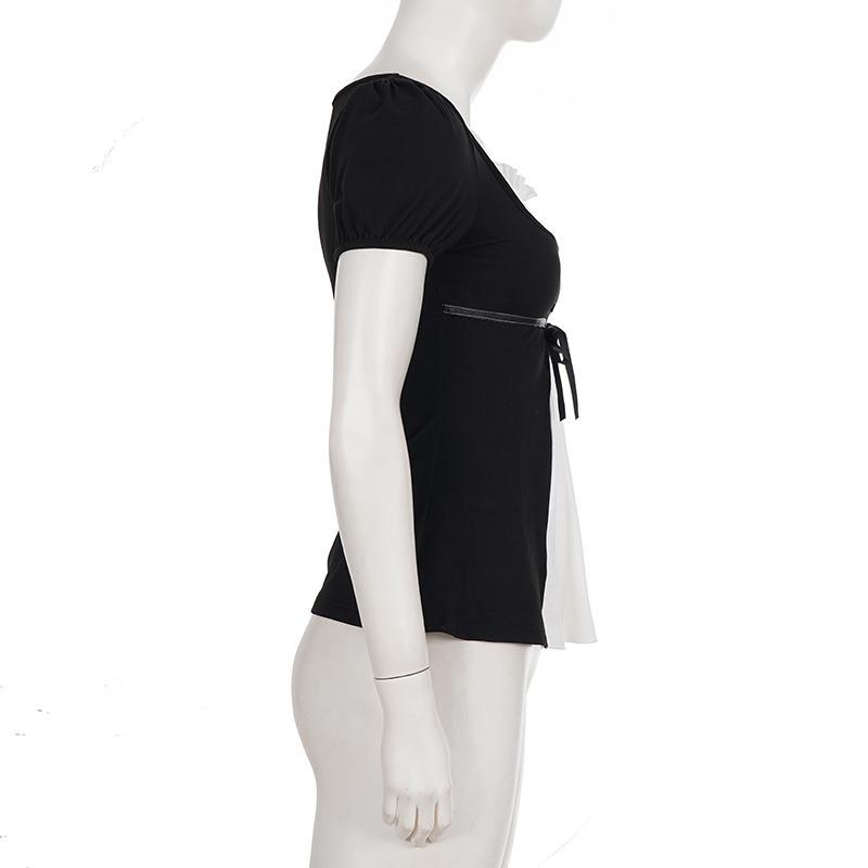 Women Black White Color Block Square Neck Bow Detail Puff Sleeve Slim Fit Casual Blouse