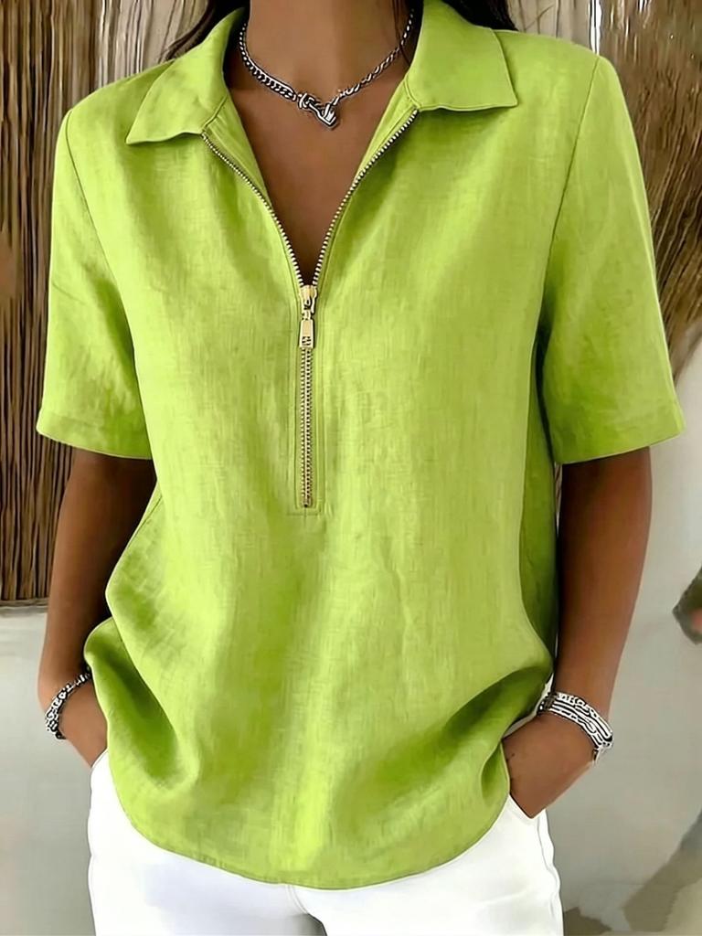 Women Casual Solid Color Lapel Zip Half Sleeve Fashion Blouse