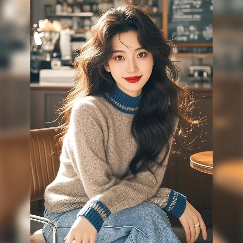 

Gray Patchwork Thickened Turtleneck Sweater Knitted Bottoming Shirt for Women S серый