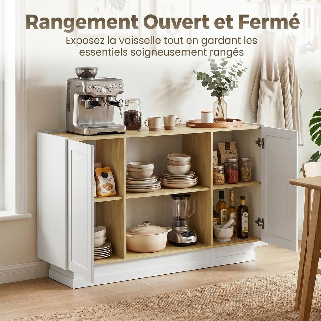 Kitchen Buffet, 2-Door, 133 x 35 x 79.7 cm, Natural Wood and White