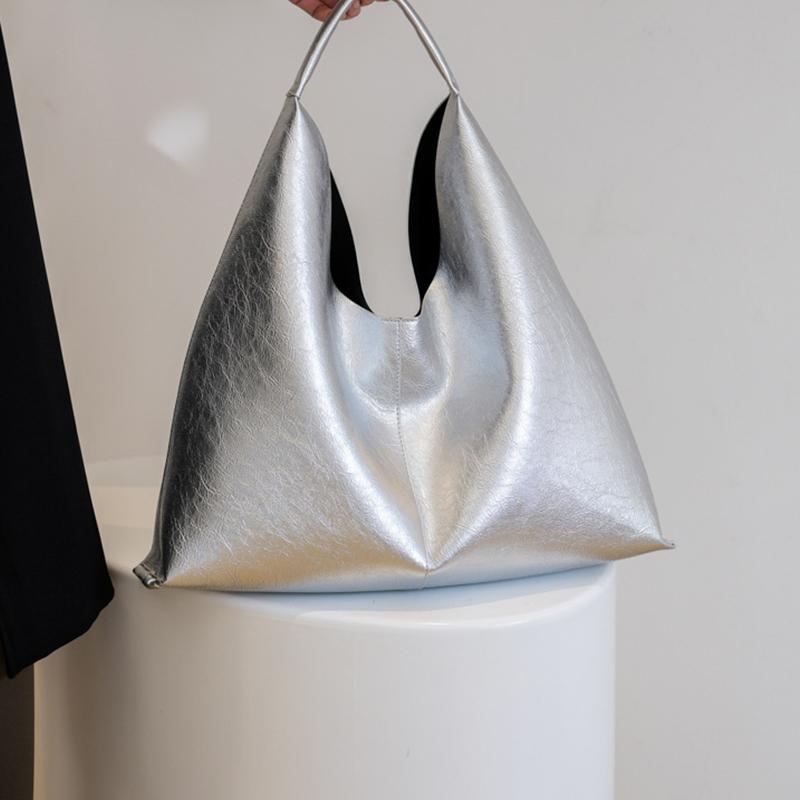 Geantă Hobo Argintie de Mare Capacitate pentru Femei, de Lux, Design de Firmă, Piele PU, Portofel Triunghiular, la Modă, Casual, Geantă de Mână Tip Shopper
