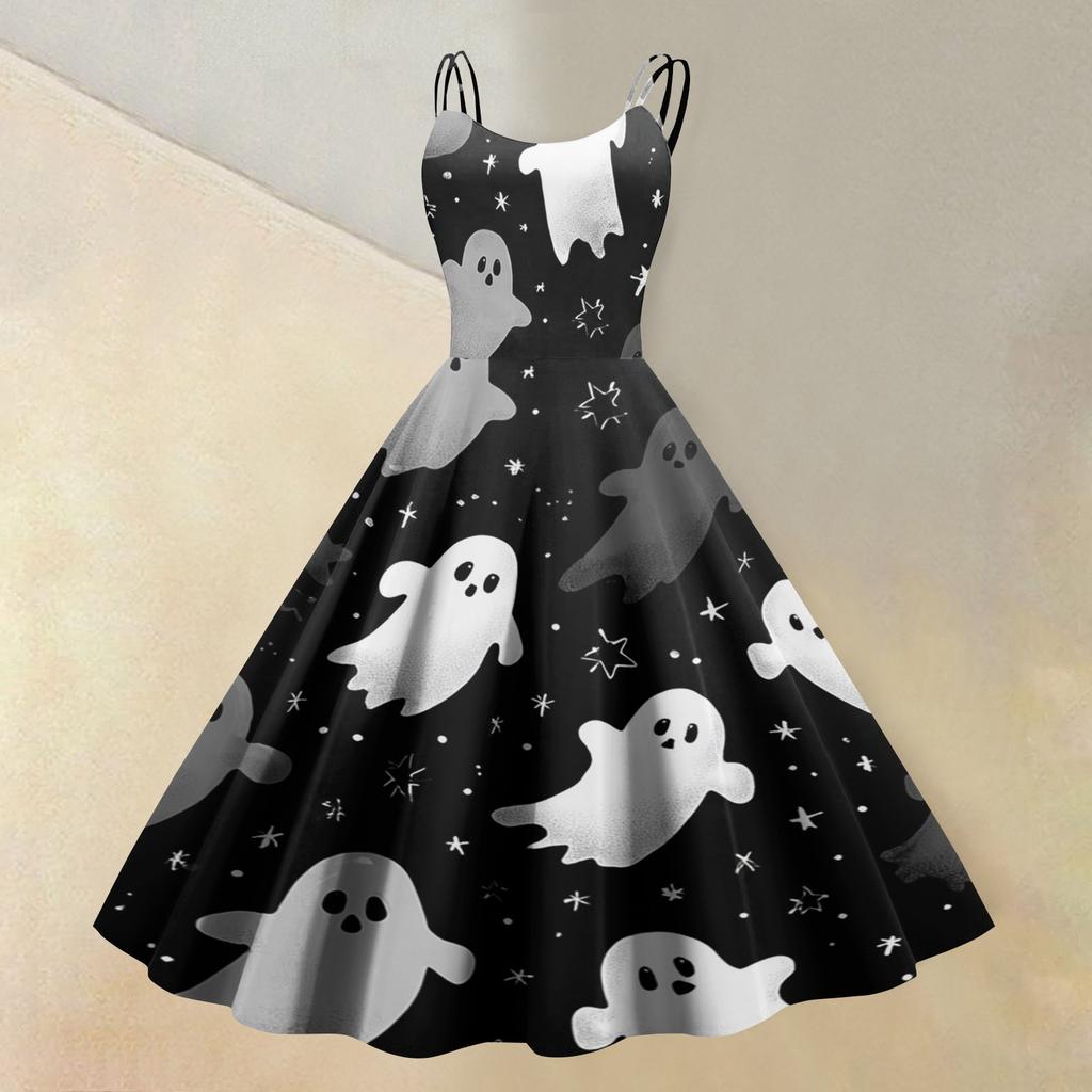 Women's Sleeveless Casual Dress Halloween Print Round Neck Vintage Style Swing Dress with Adjustable Straps for Everyday Wear