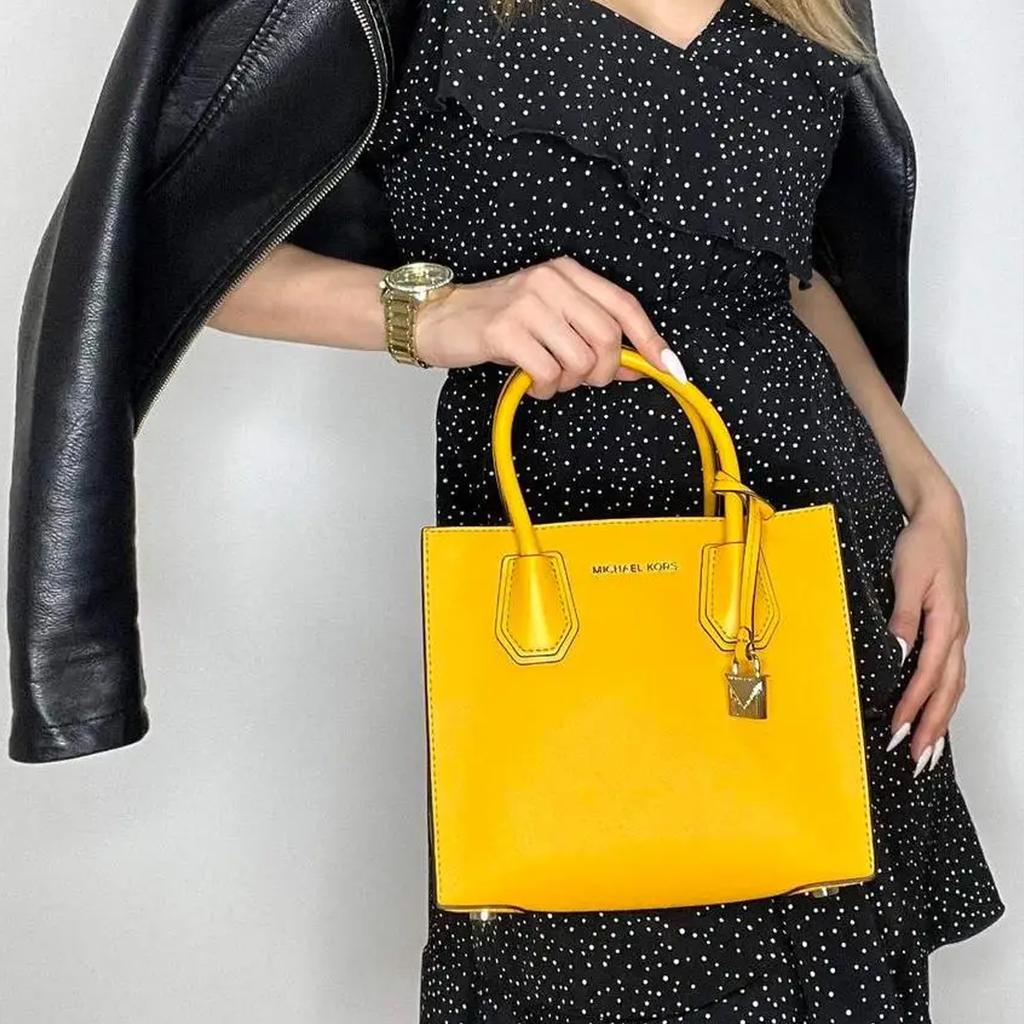 Michael Kors MK Mercer Lock Solid Color French Leather Accordion Handbag Women Handbags Lemon-Yellow 30S0GM9M6L-SUN