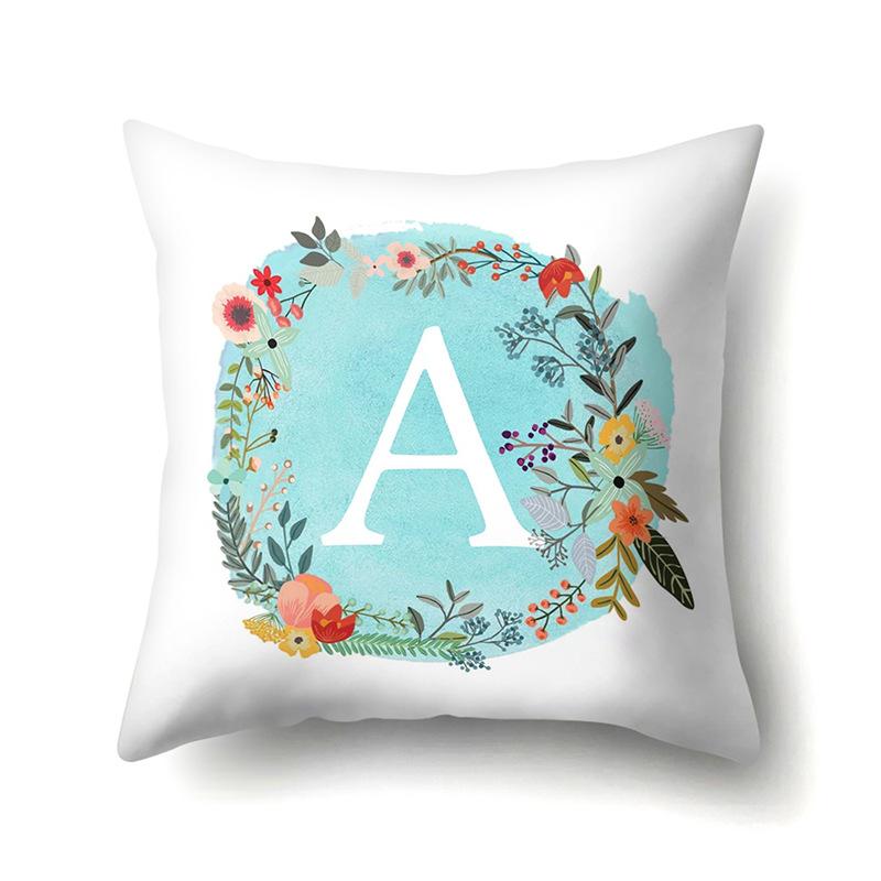 

Polyester Pillowcase Blue Flower Home Decoration Print 26 English Letter Cushion Cover No pillow core