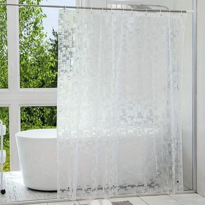 1pc Rectangular Square Pattern Waterproof Shower Curtain with Hooks for Shower and Bathtub, Transparent Shower Partition Universal Shower Curtain