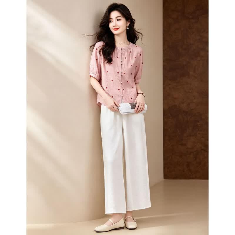 D.F.DEAR Women's Casual Polka Dot Shirt & Wide-Leg Pants Set