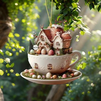 1Pc/5Pcs Easter Coffee Cup House Ornaments Chocolate Mug Bunny House Pendant 2D Acrylic Hot Cocoa Mug Spring Ornament for Holiday Home Decor