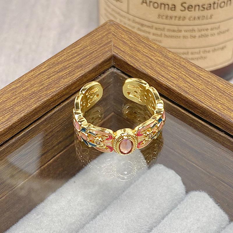 Medieval Vintage Colored Enamel Flower Butterfly Opening Ring Female Retro Niche High-End Light Luxury Ring