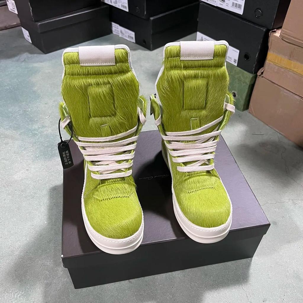 Minimalistische Qualität Grasgrün Rosshaar Echtleder Lässige Herren Pelzschuhe Damen High Top Pelzige Sneakers Ballerinas Stiefeletten