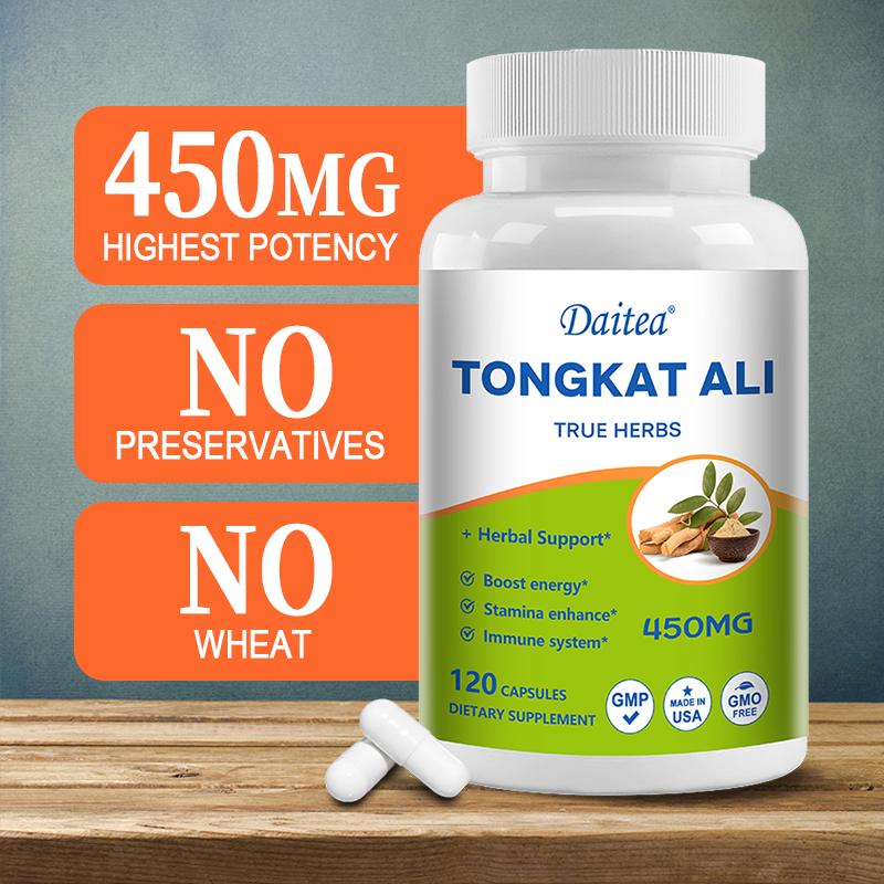 Tongkat Ali 450 mg Nahrungsergänzungsmittel, 120 Kapseln mit Kräuterextrakten pro Flasche