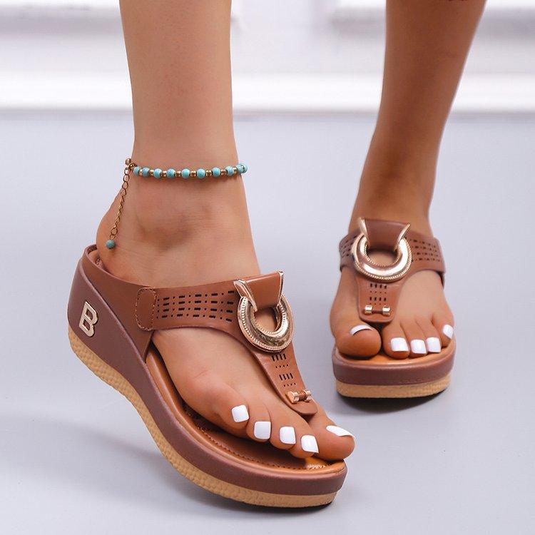 Fashion Women's Fashion Thick-soled Flip Flops Wedge Open Toe Beach Roman Clip-toe Sandal Luxury Metal Buckle Designer Sandals for Women