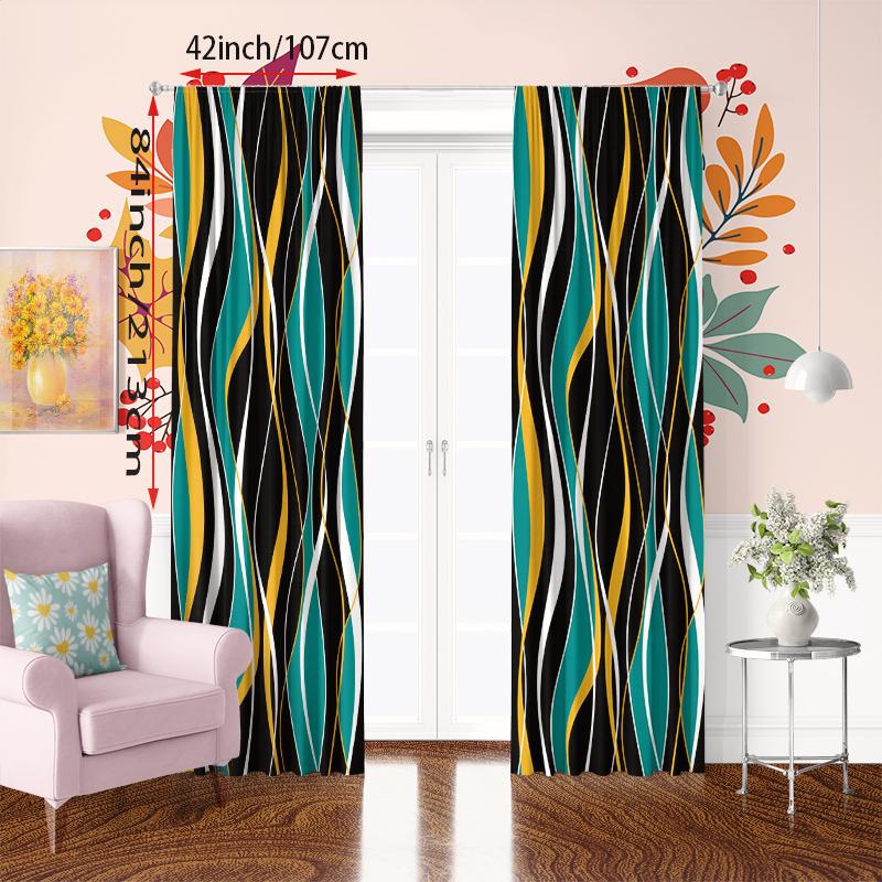 Set Of 2 Blue Yellow Lines Hd Printed Curtain Polyester Material Suitable Bedroom Living Room Study For Area Made
