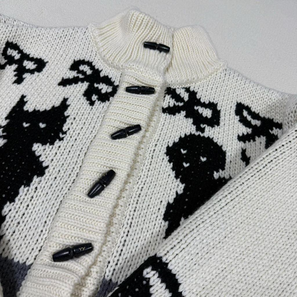 In-Stock Korean Retro Bow Jacquard Cardigan Sweater for Women