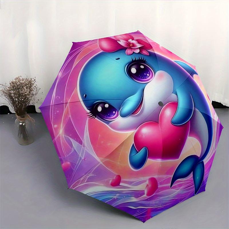 Dolphin Love Automatic Folding Umbrella Simple 8 Rib Design, Bright Cartoon Pattern, Durable Iron Frame, Suitable For Travel, Outdoor, Beac