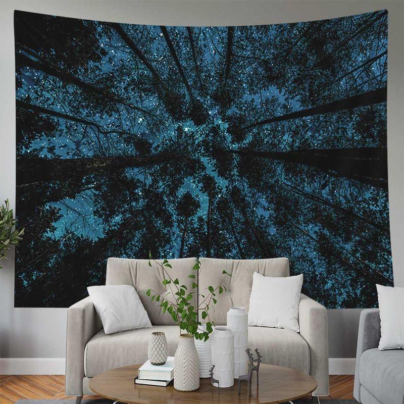 Looking Up Forest Starry Night Sky Wall Tapestry Tall Pine Tree Blue Cosmic Nature Landscape Scenery Bedroom Living Room