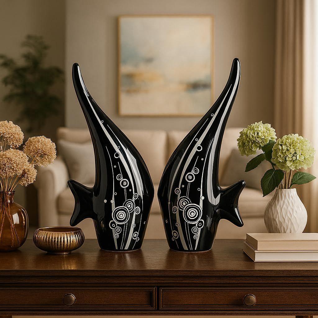Modern Minimalist Black Bubble Fish Art Figure|Beautiful Home Decor-(Set of 2 Pc,Black)