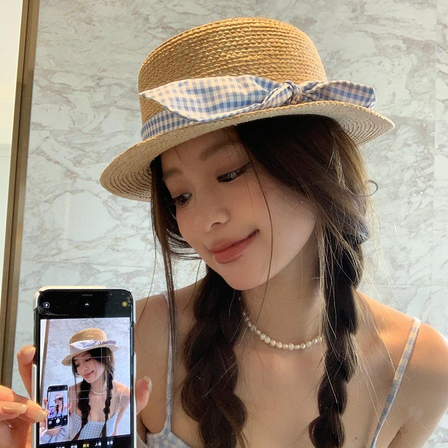DIY bow flat top sunscreen straw hat women's retro pearl design vacation seaside beach sunshade summer