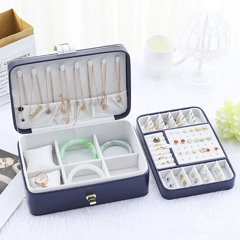 Jewelry Box with PU-Covered Exterior, Lift-Out Upper Tray, Ring Rolls, Earring Panel, Necklace Hooks, and Lid Pocket
