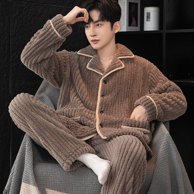 Men's Plus Size Flannel Fleece Home Wear Set - Thickened for Autumn and Winter