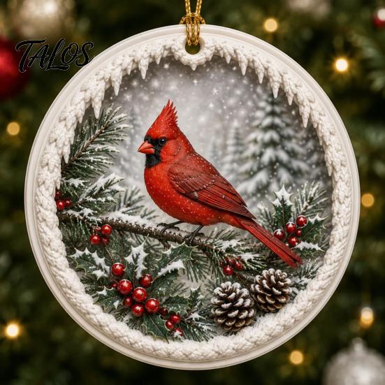 Charming Holiday Tree Accents 2 Pcs Red Bird Christmas Ornaments, 2D Round Acrylic Snowy Scene Classic Keepsake Ornaments Xmas Hanging Decoration for