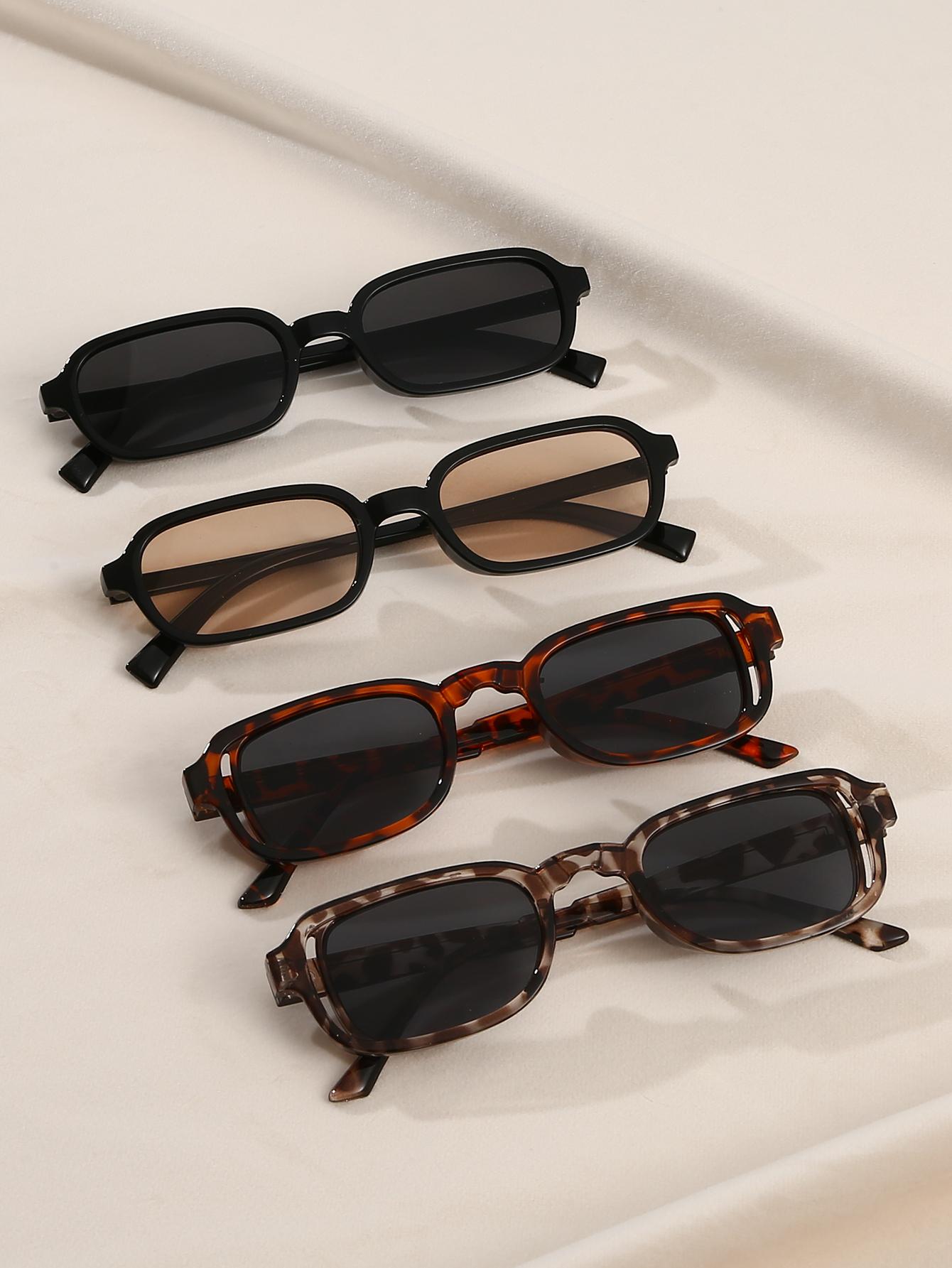 

4Pcs Fashionable Rectangular Small Frame Sunglasses Set Includes Black Frames, Leopard Print and Other Styles for Fashionable We