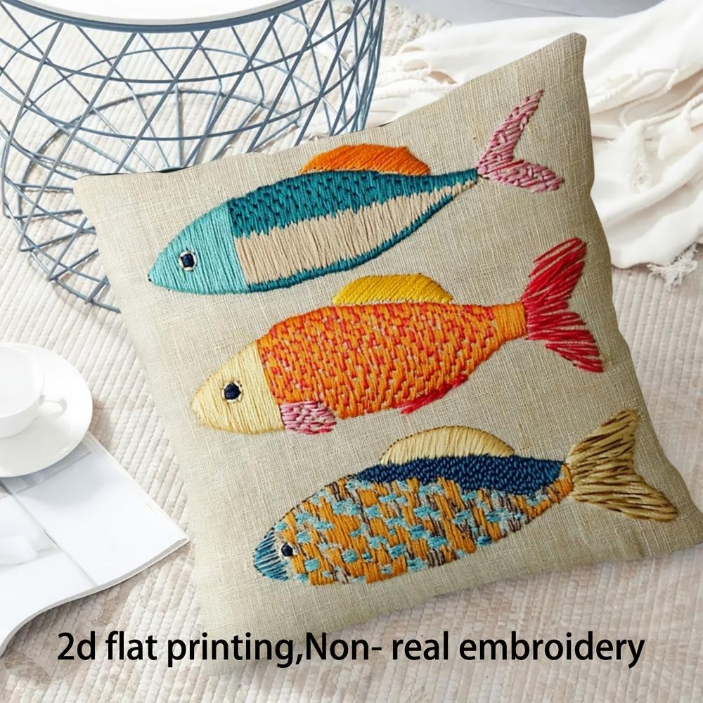 Colorful Fish Trio Pillow Cover 2D Faux Embroidery Print Nautical Coastal Marine Cushion Case For Sofa Bed Couch Home