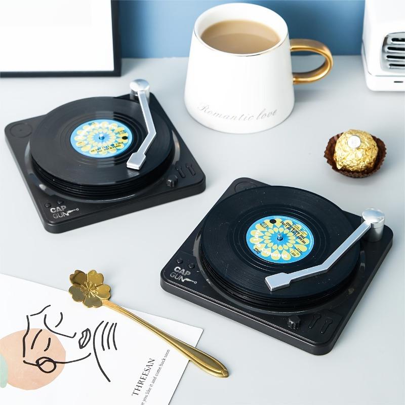 1pc Retro Vinyl Record Coaster Set with Storage Stand - Heat-Resistant, CD-Shaped Drink Mats for Coffee & Tea Cups