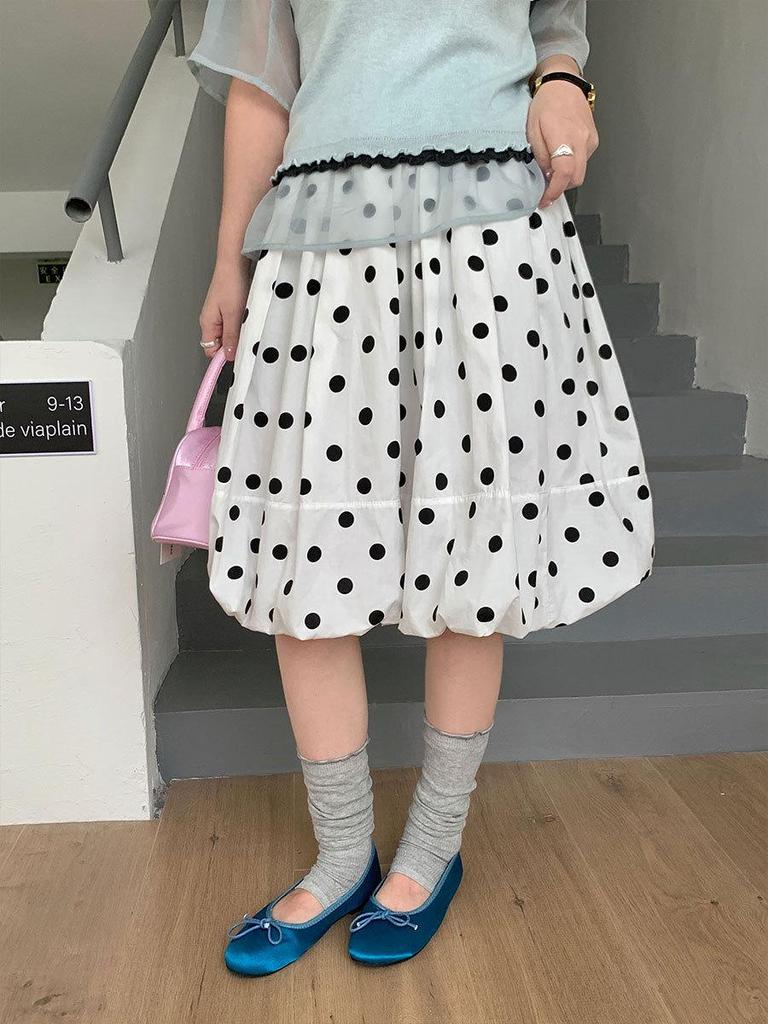 Thirteen Row Women's Fluffy Polka Dot Skirt with Elastic Waist