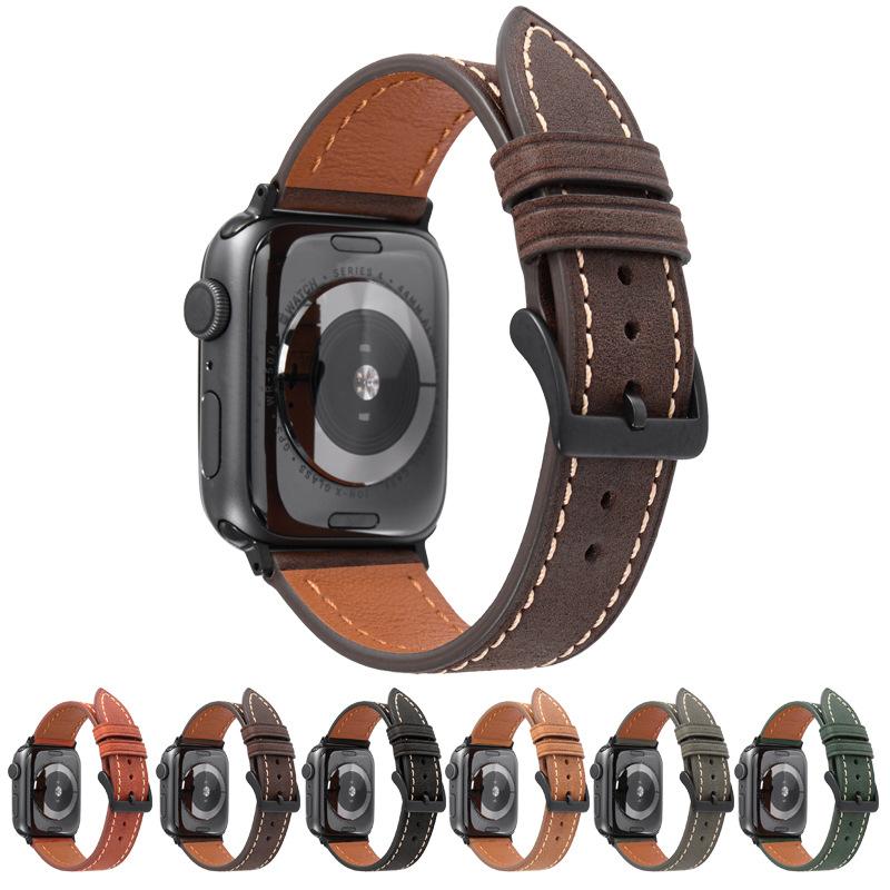 Applicable To Iwatch 1234567 Generation Watch Strap, First Layer Calfskin High-End Pin Buckle Watch Strap
