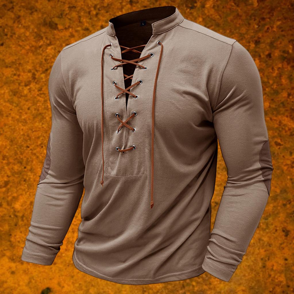 Men's Vintage Outdoor Sports Long Sleeve Top Lace-Up Stand Collar Shirt
