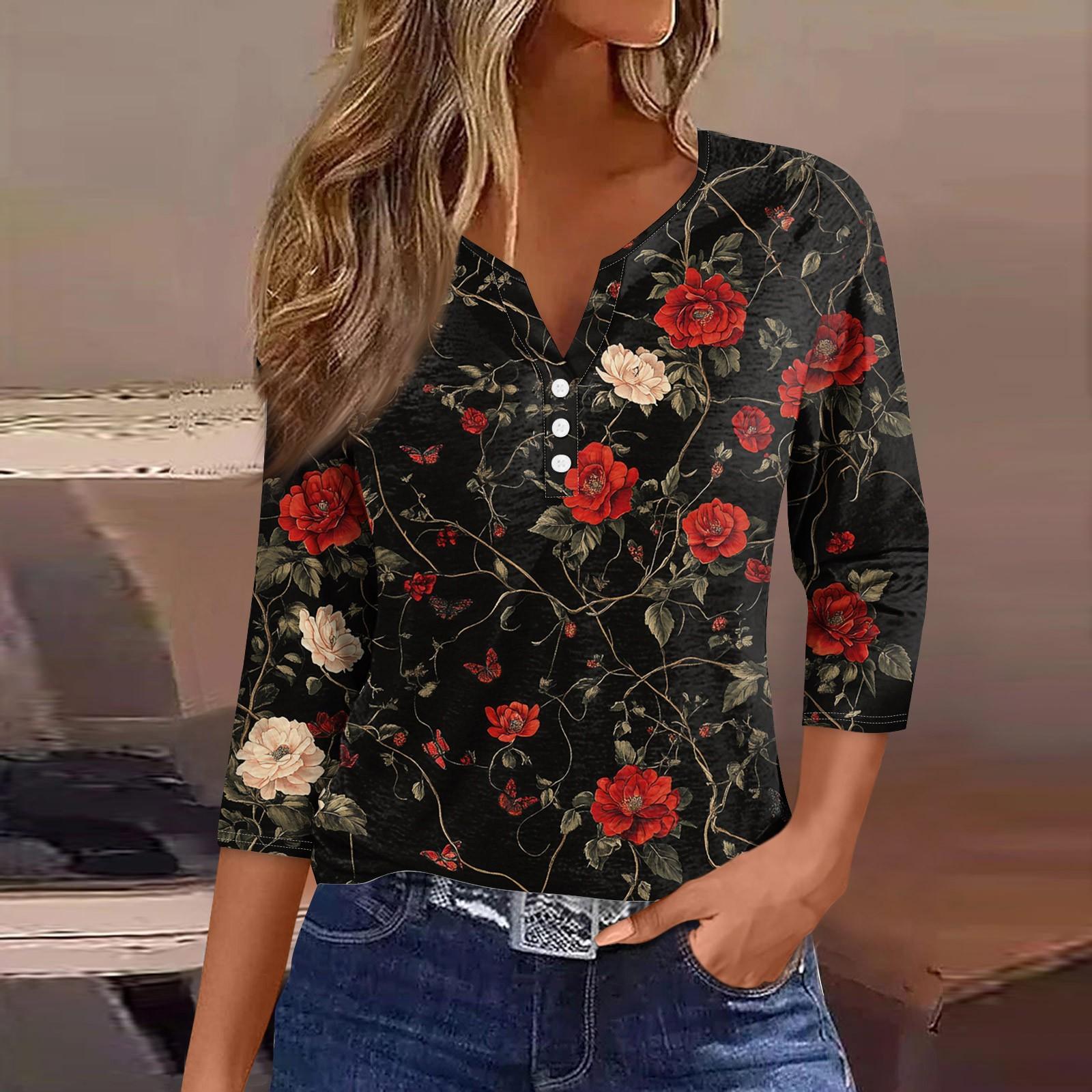 

Женский свободный повседневный топ с цветочным принтом и V-образным вырезом с рукавами семь четвертей Топ с V-образным вырезом и рукавами семь четвертей XL красный