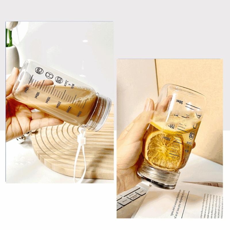 Leak Proof Microwave Safe Glass Drinkware 300ml With Measurement Scale Portable Water Bottle For Milk Juice Coffee