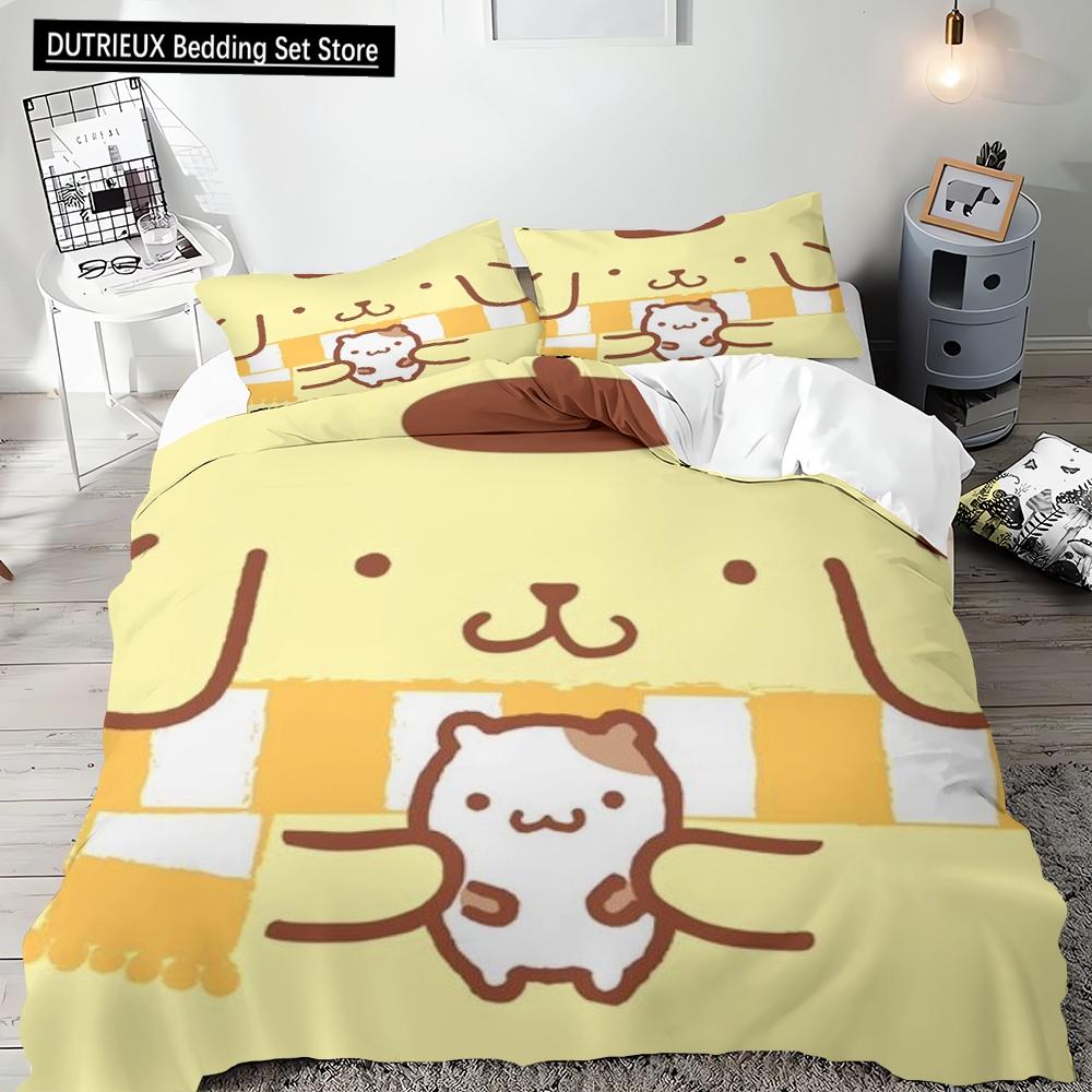 2pcs, 3pcs, Pompompurin Single Double Bed King Size Microfiber Needlework Bedding Pillowcase Quilt Cover Multi-piece Set