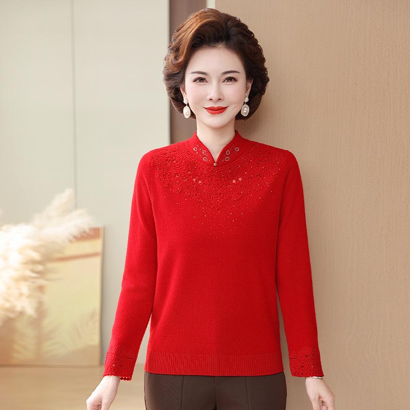 Stylish Embroidered Wool Cardigan Sweater for Middle-Aged Women - Plus Size, Solid Color, Autumn/Winter Top