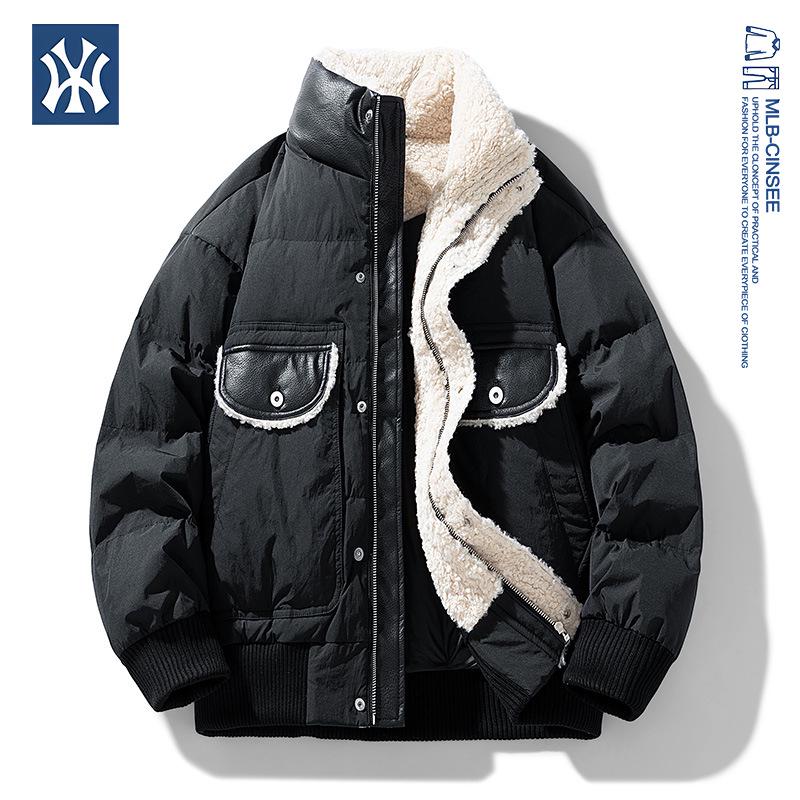 

MLB & NY Co-Branded 2025 Winter Men s Down Jacket with Lamb s Wool Patchwork 3XL