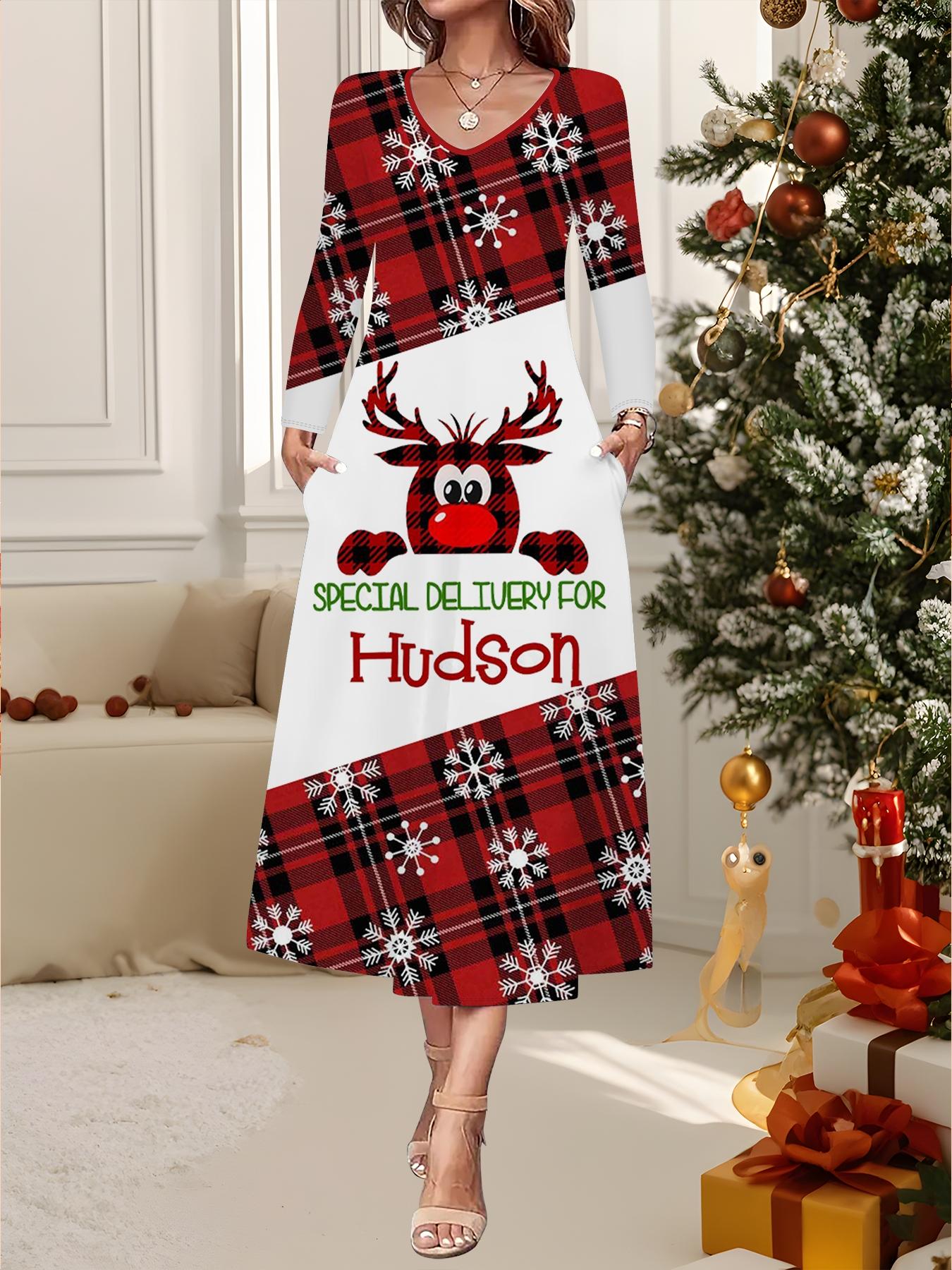 

2025 Осінньо-зимове нове жіноче повсякденне модне плаття з 3D принтом у вигляді сніговика, з довгим рукавом, V-подібним вирізом, А-силуету, різдвяний подарунок XXL червоний