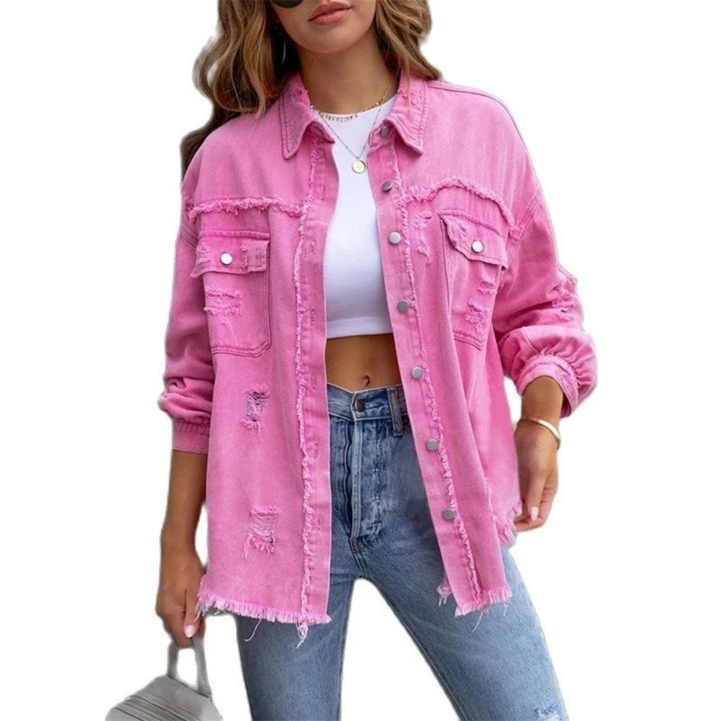 VAYLA Holes Raw-edges Denim Jacket Women Spring Autumn Shirt Style Jeancoat Casual Top Rose-Red Orange Purple Outerwear Lady Coat