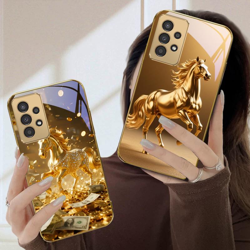 A Lovely Golden Steed For Samsung A50 A51 A52 A53 A54 A55 A56 14 15 13 16 26 31 32 33 34 35 70 71 72 73 Golden Glass Phone Case